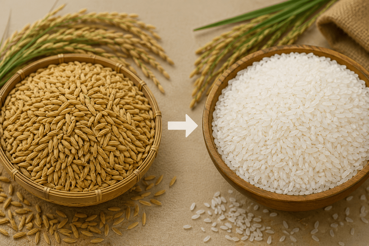 Raw paddy milled into polished white rice