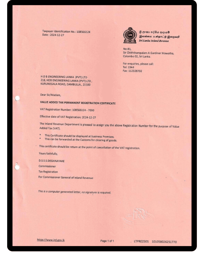 HDB Engineering Lanka — VAT Registration Certificate