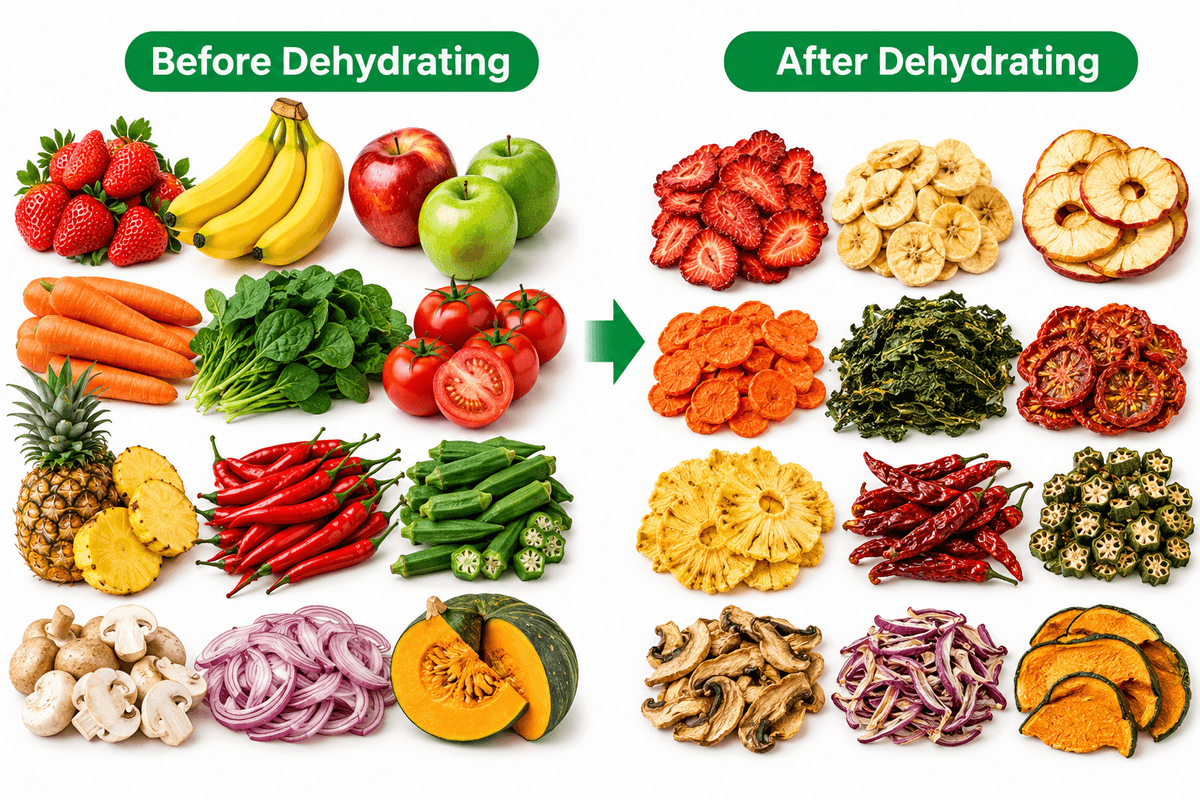Fruits and vegetables before and after dehydrating — strawberries, bananas, apples, carrots, spinach, tomatoes, pineapple, chilli, okra, mushrooms, onions and pumpkin