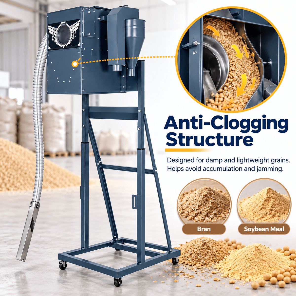 Anti-clogging structure for damp and lightweight grains